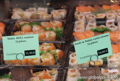 Ready-made food in Paris, Japanese sushi and rolls on the market